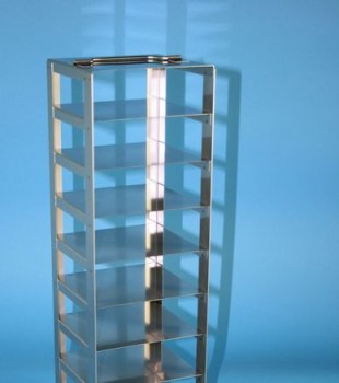 ALPHA 25 Truhengestell für 18 Kryoboxen (9x2) bis 136x136x28 mm Klappgriff, Edelstahl
