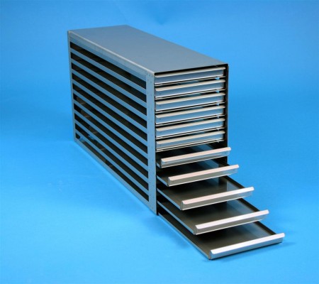 MTP 18 Schrankeinschub 5x11 Fächer für 55 MT-Platten bis 86x128x18 mm, Griffleiste, offene Bauform
